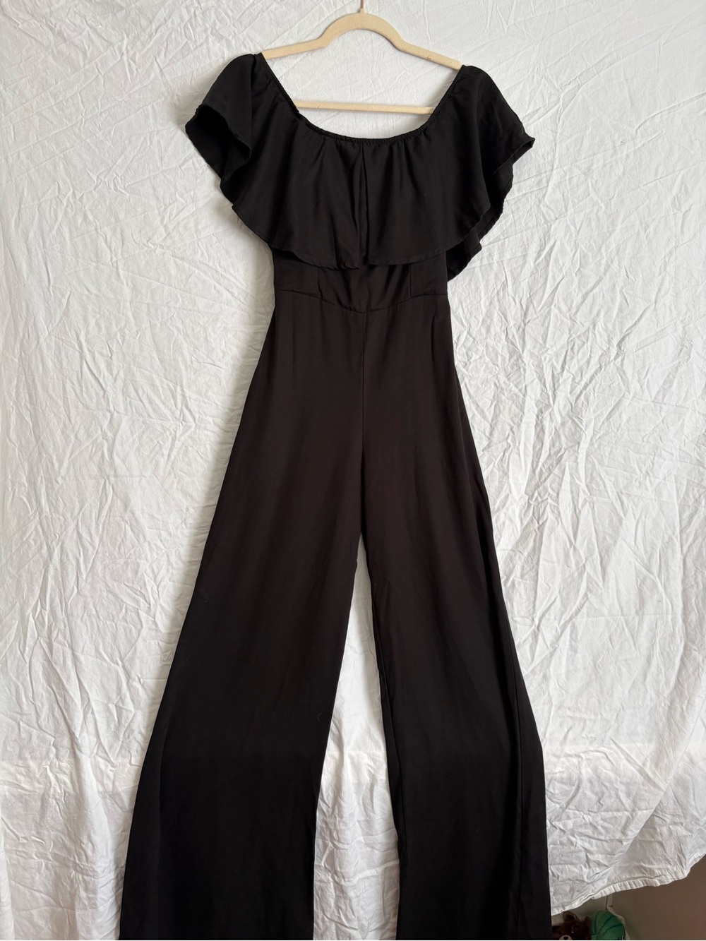 Wildfox Black Off-Shoulder Wide-Leg Jumpsuit with Ruffle Neck